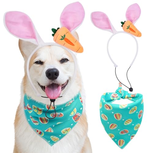 Halstuch für Hunde und Hasenohren für Ostern, quadratisch, wendbar, Eier-Design, Haustier-Schal, Oster-Outfit für kleine, mittelgroße und große Hunde (Blau, Größe M) von FUAMEY