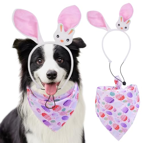 Halstuch für Hunde und Hasenohren für Ostern, quadratisch, wendbar, Eier-Design, Haustier-Schal, Oster-Outfit für kleine, mittelgroße und große Hunde (Rosa, Größe M) von FUAMEY