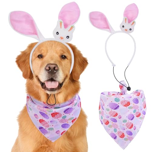 Halstuch für Hunde und Hasenohren für Ostern, quadratisch, wendbar, Eier-Design, Haustier-Schal, Oster-Outfit für kleine, mittelgroße und große Hunde (Rosa, L) von FUAMEY