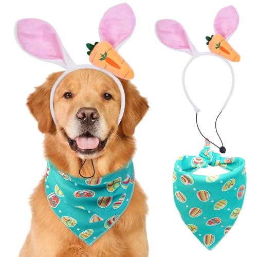 Halstuch für Hunde und Hasenohren für Ostern, quadratisch, wendbar, Eier-Design, Haustier-Schal, Oster-Outfit für kleine, mittelgroße und große Hunde (blau, groß) von FUAMEY