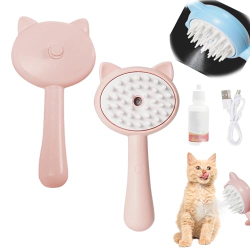 FUFRE Katzenbürste Mit Dampf, Katzenbürste/Hundebürste Mit Spray Und Pflegeessenz, Selbstreinigende Katzenhaarbürste,Steamy Brush Katze, Cat Steamy Brush (Rosa) von FUFRE