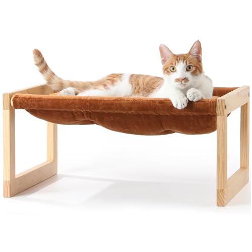 FUKUMARU Katzenbett, Plüsch-Samt-Katzenbetten für Indoor-Katzen, Katzenhängematte aus Holz, 53 x 42 x25 cm, geeignet für Katzen, Hunde, Kaninchen, Kätzchen und Kleintiere, Braun von FUKUMARU