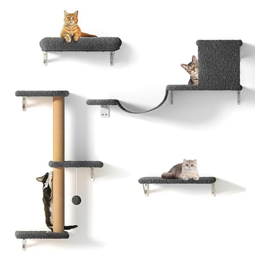 FUKUMARU Kletterwand Katzen Set, 10-teilig Katzen Kletterwand Set, aus robuster Multiplexplatte，Wandpark mit Katzenhaus, Katzenbrücke, Katzenbaum, Katzentreppe bis zu 18 kg, Grau von FUKUMARU