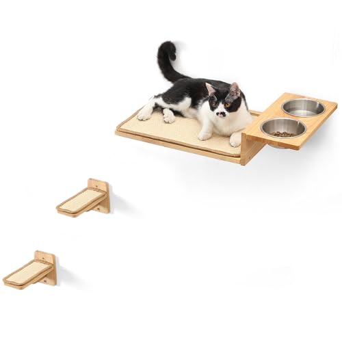 FUKUMARU Kletterwand Katzen Set, 2 Katzentreppe aus Massives Gummiholz, Katzenwand mit Katzenfutterstation aus Edelstahl, Wandregale mit Sisalmatte, ideal zum Spielen, Schlafen und Fressen von FUKUMARU