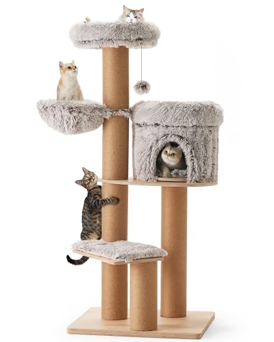 FUKUMARU Kratzbaum für Katzen,155cm Katzenbaum mit sechs 20 cm dicken Kratzsäulen aus Jute, Plüsch-Multi-Level-Katzenkondo abnehmbar, Katzenbaum aus natürlichem Gummibaumholz, Plüsch, hellgrau von FUKUMARU