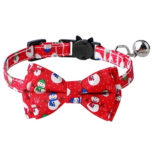 FUNAT Katzenhalsbänder 1.0 * 28 cm, Weihnachten Nette Cartoon Schneemann Haustier Bowknot Bell Katze Halsband, rot grüne Blaue Bowknot Katze Halsband von FUNAT