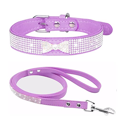 FUNAT Strass Hundehalsband mit Edelstahl + Glänzende Hundeleine, Hund und Katzenhalsband + Strass Traktionsseil, Haustier Halsband für kleine & mittelgroße Hunde (XS, Lila) von FUNAT