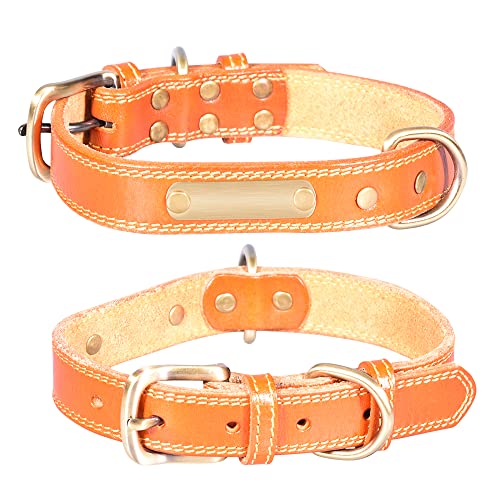 FUNAT Top Layer Rindsleder Haustier Halsband, Leder Hundehalsband mit glänzendem Schriftzug, Bronze Schnalle Lederhalsband geeignet für mittlere und große Hunde von FUNAT