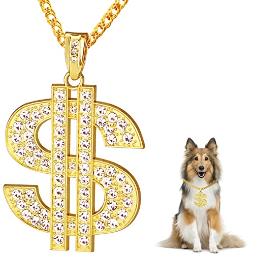 FUNKA Goldene Kette, Hundehalsband, verstellbar, kubanische Glieder-Halskette mit Kristall-Dollarzeichen-Anhänger, niedlicher modischer Haustierschmuck, Kette, Welpen, Katze, Kostüm, Outfits, Zubehör von FUNKA