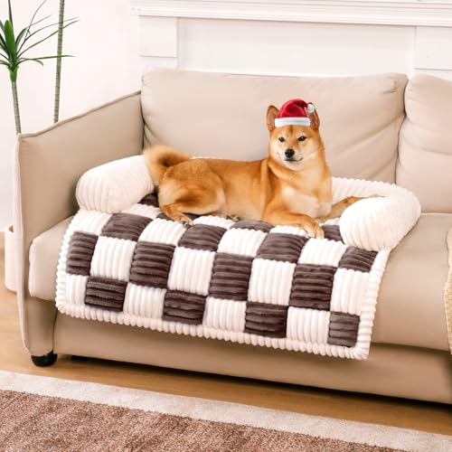 FUNNY FUZZY Couchbezüge für Hunde, Haustier-Couchbezüge für Sofa, klassisches Schachbrett, gemütliche Plüsch-Bettmatte, Haustierbezug für Couch, Möbelschutz, Größe M, Hellbraun von FUNNY FUZZY