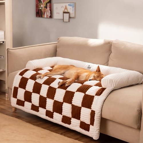 FUNNY FUZZY Haustier-Couchbezüge für Sofa, kleine Hunde, gemütlich, cremefarben, kariert, waschbar, Haustiermatte für Möbelschutz, Sofabezug für Hunde und Katzen, klein, Braun von FUNNY FUZZY