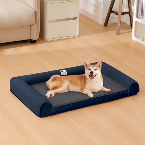 FUNNY FUZZY Hundebetten für große Hunde, große Hundebetten, Sofa mit hohem Stützschaum, Nackenrolle, maschinenwaschbar, abnehmbare Bezüge und rutschfestes XL-Haustierbett, Blau von FUNNY FUZZY