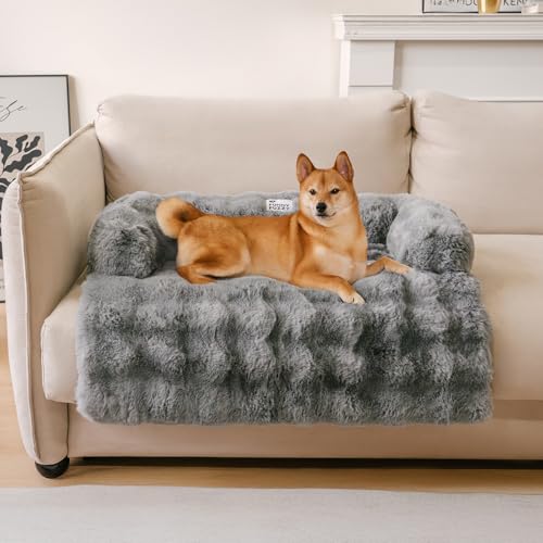 FUNNYFUZZY Beruhigende Hundebett-Matte, flauschiger Couchbezug für Sofa, Möbelschutz mit abnehmbarem, waschbarem Bezug für kleine Hunde und Katzen (Grau, 84 x 71 x 14 cm) von FUNNY FUZZY