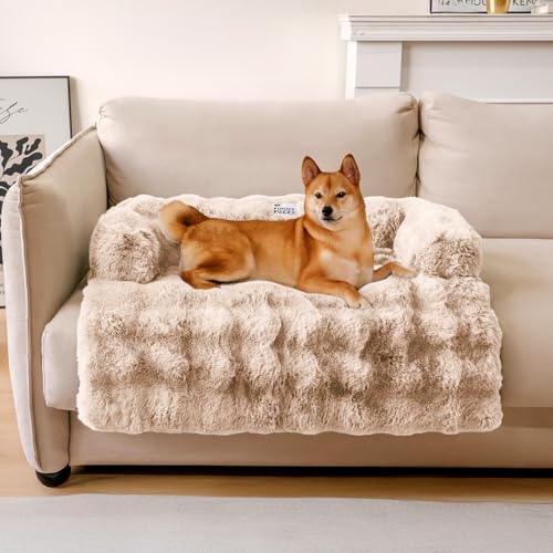 FUNNYFUZZY Beruhigende Hundebett-Matte, flauschiger Couchbezug für Sofa, Möbelschutz mit abnehmbarem, waschbarem Bezug für kleine Hunde und Katzen (Kaffee, 84 x 71 x 14 cm) von FUNNY FUZZY