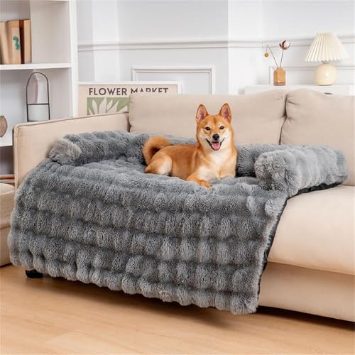 FUNNYFUZZY Beruhigende Hundebett-Matte, flauschiger Couchbezug für Sofa, Möbelschutz mit abnehmbarem, waschbarem Bezug für mittelgroße kleine Hunde und Katzen (Grau, 120 x 94 x 16 cm) von FUNNY FUZZY