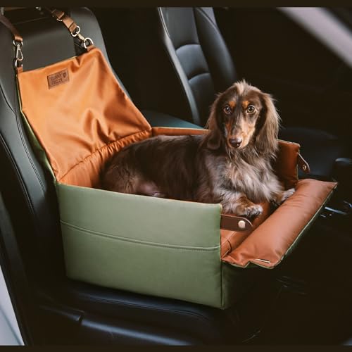 FUNNYFUZZY Hundeautositz aus Kunstleder für kleine Hunde, Hundeerhöhung Autositz mit dickem Kissen, wasserdichter kleiner Haustierautositz Reisebett, Hundeautositzbett mit Aufbewahrungstasche, Orange von FUNNY FUZZY