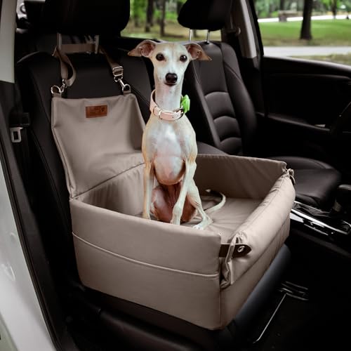 FUNNYFUZZY Hundeautositz aus Kunstleder für kleine Hunde, Hundeerhöhung Autositz mit dickem Kissen, wasserdichter kleiner Haustierautositz Reisebett, Hundeautositzbett mit Aufbewahrungstasche, Grau von FUNNY FUZZY