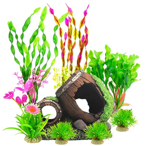 Aquarium-Dekoration, gebrochenes Fass – 8 künstliche Pflanzen, Aquarium-Zubehör, Aquarium-Ornamente für Betta-Fischhöhle, Versteck-Dekoration (A-2) von FUNOJOY