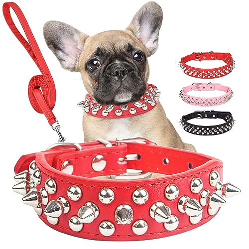 Hundehalsband mit Leine, rotes Halsband mit Spikes, für Hunde, weich, verstellbar, Pilznieten, PU-Leder, für kleine, mittelgroße und große Haustiere (Größe XS: Halsumfang 21,1 cm - 26,9 cm, Rot) von FUNOJOY