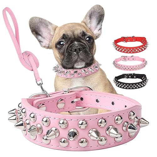 Hundehalsband mit Stacheln und Leine, weich, verstellbar, Pilznieten, PU-Leder, für kleine, mittelgroße und große Haustiere (S: Halsumfang 26,9 cm - 33 cm, Rosa) von FUNOJOY