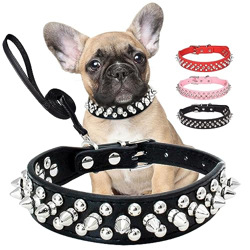 Hundehalsband und Leine, Set, schwarzes Hundehalsband, dick, verstellbar, Pilzniete, PU-Leder, für kleine, mittelgroße und große Haustiere von FUNOJOY