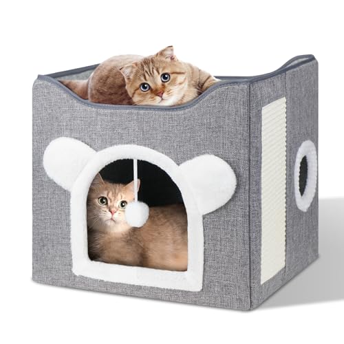 Furjoy Katzenbetten für Indoor Katzen, Faltbares Katzenhaus, Katzenhöhle 2 Schicht Würfel Großer Raum Katzenbett mit Kratzbrett und Spielball, 15.8 x 15.8 x 15inches von FURJOY