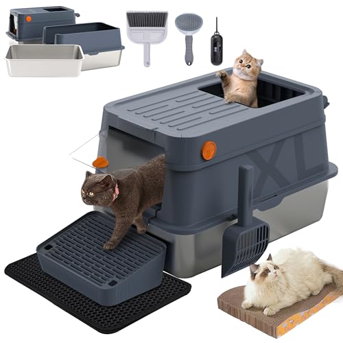 FURLUXE Katzentoilette aus Edelstahl mit Deckel, 3-in-1 Offene & Geschlossene Katzentoilette, Antihaft- & Anti-Auslauf-XL-Metall-Katzentoilette, Einfache Reinigung & Geruchloses Design für mehrere von FURLUXE