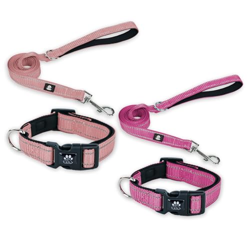 FURRYFECTION Hundehalsbänder und Leine, Set für Hunde, reflektierend, mit Schnalle, verstellbar, gepolstert, Nylon, für kleine, mittelgroße und große Hunde (XS Halsband + 1,5 m Leine, Rosa + Hot von FURRYFECTION