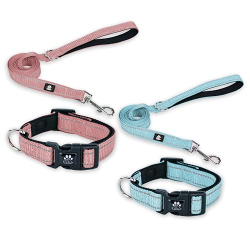 FURRYFECTION Hundehalsbänder und Leine, Set für Hunde, reflektierend, mit Schnalle, verstellbar, gepolstert, Nylon, für kleine, mittelgroße und große Hunde (mittelgroßes Halsband + 1,5 m Leine, Blau + von FURRYFECTION