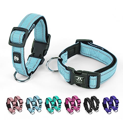 FURRYFECTION Reflektierende Hundehalsbänder mit Schnalle, verstellbares Haustierhalsband mit gepolstertem weichem Neopren für kleine, mittelgroße und große Hunde, 2er-Pack, Blau, M von FURRYFECTION