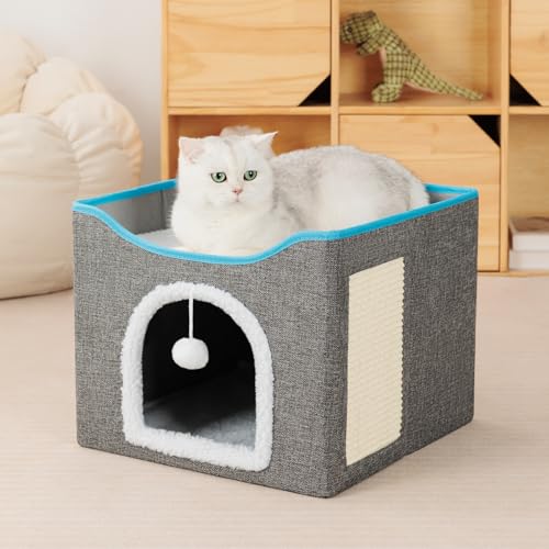 FURRYPAWS Faltbares Katzenhaus Höhlenbett mit Kratzbrett & flauschigem Ball, Indoor-Katzen-Iglu-Bett für mehrere kleine Haustiere, 41 x 41 x 34 cm, grau, haustiersicher, langlebig und einfach zu von FURRYPAWS