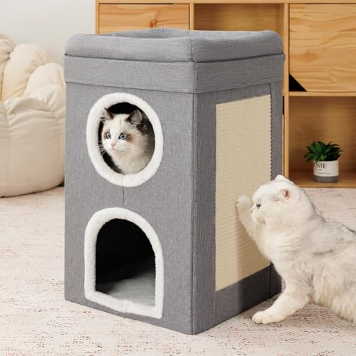 FURRYPAWS Katzenhaus für den Innenbereich, 2-lagige Katzenhöhle mit Kratzbrett, mehrstufiges Kätzchenbett für Indoor-Katzen, gemütliches Katzen-Iglu-Bett mit weichem Samt, geräumig für kleine und von FURRYPAWS