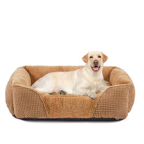 FURTIME Hundebett Mittelgroße Hunde, Hundebett Waschbar, Hundekorb Hundebetten Flauschig, rutschfeste & Anti Stress, erhöhte Ränder, Hundebett L für Mittelgroße und Kleine Hunde, 76x61x23cm Braun von FURTIME