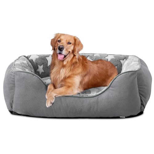 FURTIME Hundebett Mittelgroße Hunde Hundekorb Waschbar Hundekörbchen rutschfeste Hundebetten Flauschig Hundematratze mit Erhöhte Ränder Weiches Hundesofa für Hunde Katze L(76x61x23cm) Grau/Sterne von FURTIME