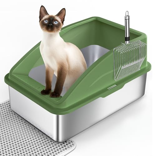 FURTIME Katzenklo Edelstahl XXL, Katzentoilette Edelstahl 28L Große Kapazität Auslaufsicher Gegen Verschüttungen Katzenklo, mit Metall Katzenstreuschaufel 60x40x31cm (Grüner) von FURTIME