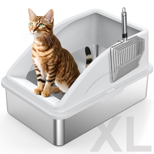 FURTIME Katzentoilette aus Edelstahl mit Deckel, XL Metall Katzentoilette für große Katzen, extra große Katzentoilette hochseitig, antihaftbeschichtet, leicht zu reinigen, Anti-Urinleckage, inklusive von FURTIME