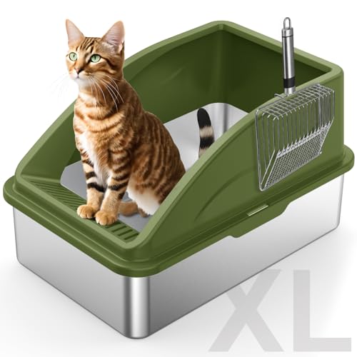 FURTIME Katzentoilette aus Edelstahl mit Deckel, XL Metall-Katzentoilette für große Katzen, extra große Katzentoilette, hochseitig, antihaftbeschichtet, leicht zu reinigen, Anti-Urinleckage, inklusive von FURTIME