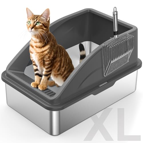 FURTIME Katzentoilette aus Edelstahl mit Deckel, XL Metall-Katzentoilette für große Katzen, extra große Katzentoilette, hohe Seite, antihaftbeschichtet, leicht zu reinigen, Anti-Urinleckage, inklusive von FURTIME