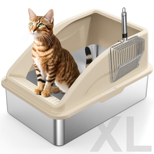 FURTIME Katzentoilette aus Edelstahl mit Deckel, XL Metall-Katzentoilette für große Katzen, extra große Katzentoilette, hohe Seite, antihaftbeschichtet, leicht zu reinigen, Anti-Urinleckage, inklusive von FURTIME