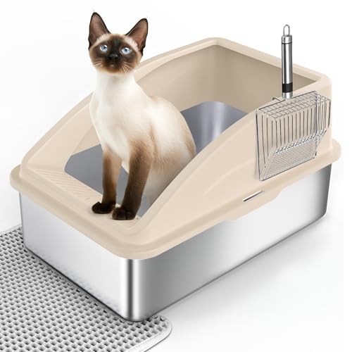 Katzentoilette XXL Katzenklo XXL Edelstahl, Katzentoilette Edelstahl, Katzenklo Offene mit Metall Schaufel, Doppelschicht Matte, Cat Litter Box Groß für Große Katzen, Leicht zu Reinigen-Beige von FURTIME