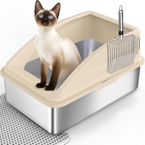 Katzentoilette XXL Katzenklo XXL Edelstahl, Katzentoilette Edelstahl, Katzenklo Offene mit Metall Schaufel, Doppelschicht Matte, Cat Litter Box Groß für Große Katzen, Leicht zu Reinigen-Beige von FURTIME