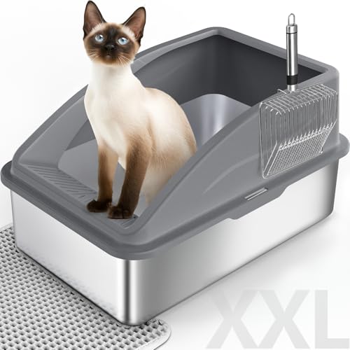 XXL Litter Box XXL Stainless Steel Litter Box Stainless Steel Open Litter Box with Metal Scoop, Double Mat, High Rim, Large Litter Box for Large Cats, Easy to Clean (Dark Grey) von FURTIME