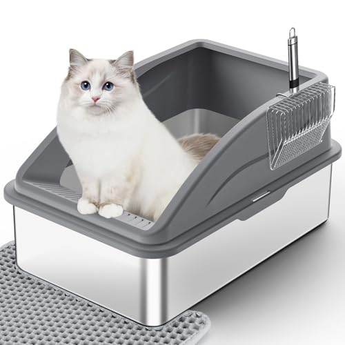 XXL Litter Box XXL Stainless Steel Litter Box Stainless Steel Open Litter Box with Metal Scoop, Double Mat, High Rim, Large Litter Box for Large Cats, Easy to Clean (Dark Grey) von FURTIME