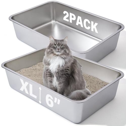 2 x Edelstahl-Katzentoilette, 60 x 40 x 15 cm tief, extra große Katzentoilette, XL-Metall-Katzentoilette für große Katzen, antihaftbeschichtete Oberfläche, leicht zu reinigen, große Katzentoilette mit von FUTAM