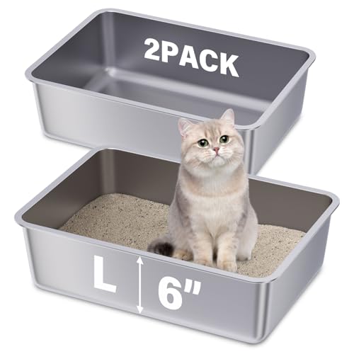 FUTAM Katzentoilette aus Edelstahl, 2 Stück, 50 x 34,8 x 15,2 cm, große Metall-Katzentoilette für Kätzchen/Katze/Kaninchen, leicht zu reinigen, antihaftbeschichtet, kein Geruch, für ausgewachsene von FUTAM