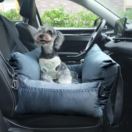 FUTURE FOOT Autositz für kleine Hunde, Welpenautositz mit Aufbewahrungstaschen, Hundeerhöhung, Autositz mit dickem Kissen, Haustier-Autositz, Clip-On-Leine für Hunde-Reisetasche, Grau von FUTURE FOOT