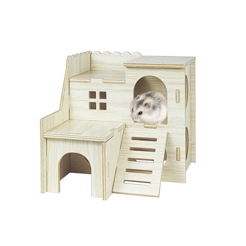 FWQJY Holz Hamster Versteck Habitat Holz Labyrinth Versteck Hütte mit Kletterleiter und Plattformkäfig Zubehör für Zwergrennmäuse Mäuse Ratten andere Kleintiere usw (03 kleines rechteckiges Haus) von FWQJY