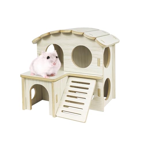 FWQJY Holz Hamster Versteck Haus Lebensraum Holz Labyrinth Versteck Hütte mit Kletterleiter und Plattformkäfig Zubehör für Zwergrennmäuse Mäuse Ratten andere Kleintiere usw (02 Doppelstöckiges Haus) von FWQJY