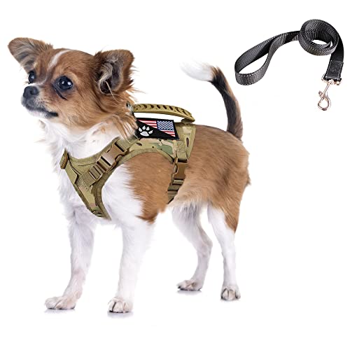 Taktisches Hundegeschirr, taktische Welpenweste mit Gummigriff, K9, militärisch, verstellbar, für Outdoor-Training, XS Hundegeschirr (Camouflage-Geschirr mit Leine) von FXGOING