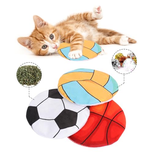 FYNIGO Katzenminze-Spielzeug, Plüsch-Kauspielzeug, Katzen-Frisbee, interaktives Katzenspielzeug für Indoor-Katzen, Kätzchen mit Katzenminze und Mylar-Knistergeräusch, weiche Oberfläche, Ballmuster, von FYNIGO